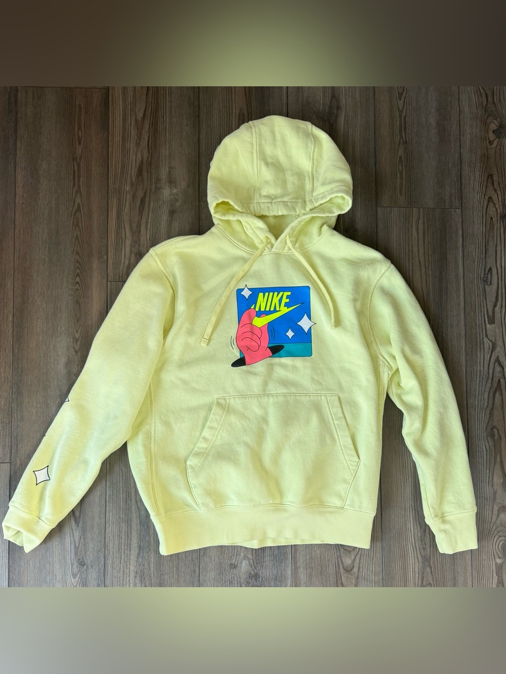 Nike Bright Yellow Pullover Hoodie with Colorful front and back graphics stars